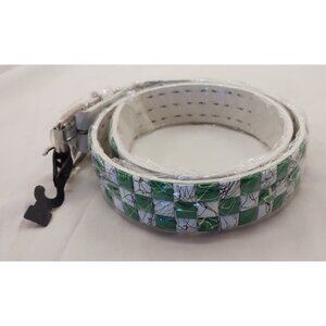 White Faux Leather Studded Belt Green Accents Alt Style Trend Fashion Adjustable